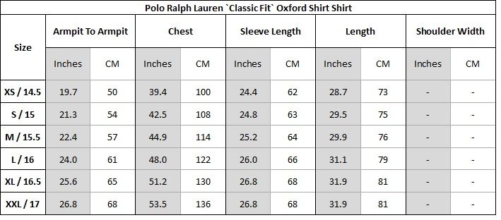 Polo Ralph Size Chart For Shirts