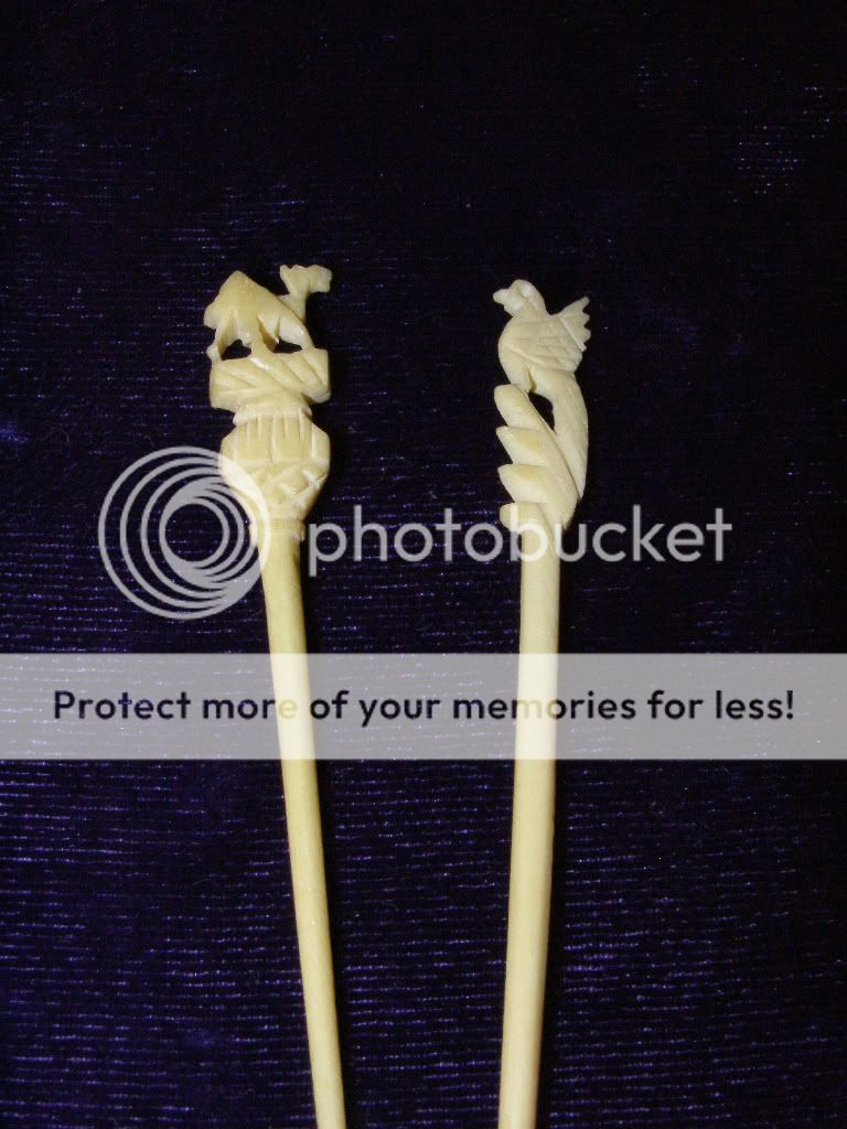 1930s? vintage carved food picks/toothpicks, camel & bird, ivory 