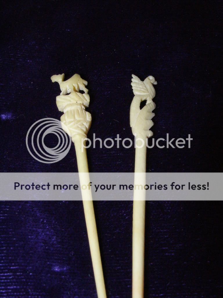 1930s? vintage carved food picks/toothpicks, camel & bird, ivory 