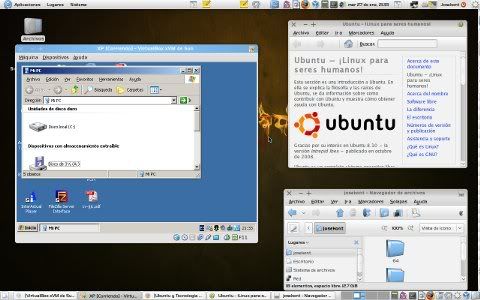 VirtualBox en Ubuntu Intrepid IBex Si eres buen observador, te daras cuenta que el cuadro del lado izquierdo es una ventana que contiene el Sistema Windows XP. El primer cuadro de la derecha nos indica que estamos en Ubuntu y el segundo una ventana del Nautilus.